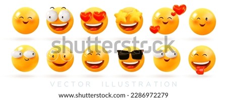 Set of 3d emoticons. Smile, positive emotions, emoji. Mood and facial expression. Delight, love, surprise, admiration, joy and laughter. Vector illustration