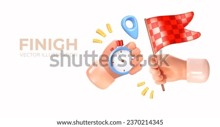 Stopwatch and finish flag in hand. Man holding a Checkered race flag. In 3D style. Vector illustration.