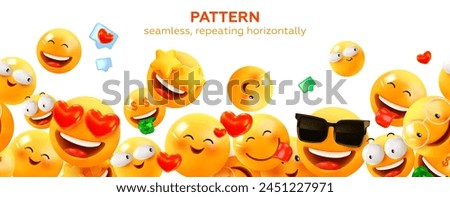 Horizontal seamless border with smiles, emoji. Seamless pattern. Vector illustration