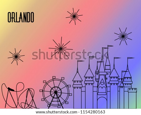 Orlando Attractions black line on rainbow colorful background. Roller Coaster, Big Wheel, Castle and fireworks.