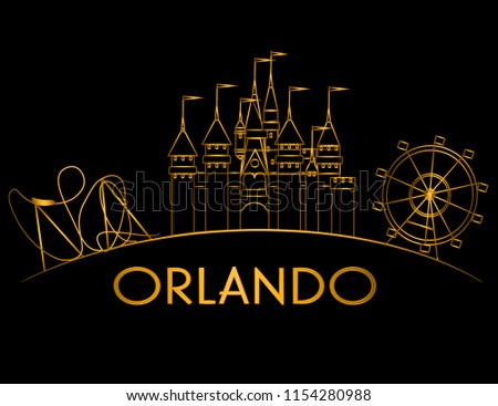 Orlando Atractions gold curve line on black background. Vacations Card