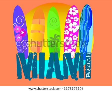 Miami lettering , Surfboard with different designs on beautiful beach background. Vector Illustration. Travel Postcard