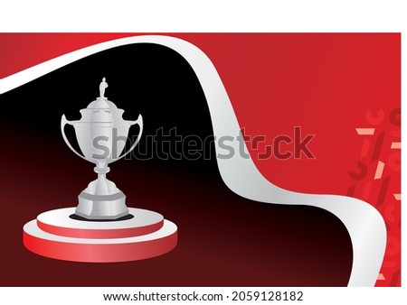 vector illustration of round red and white podium with champion sports trophy on red and white flag background. red black gradient background