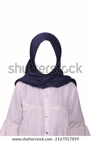 Faux white t-shirt, isolated front view. Blue hijab female model wearing plain white shirt mockup. T-shirt design templates. photo editing user ストックフォト © 