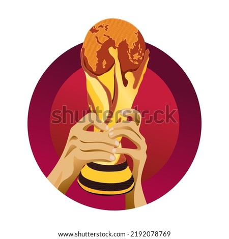 hands holding the championship trophy. Flat style vector illustration isolated on a burgundy background.
