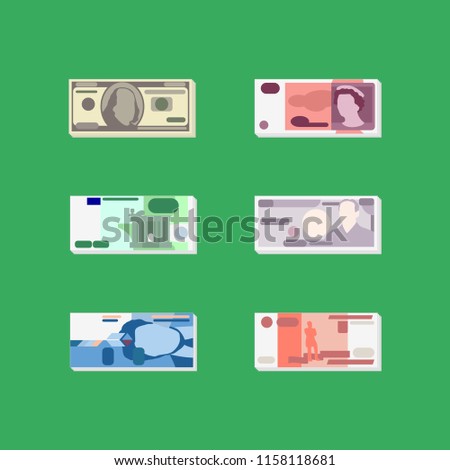 Vector money - set of flat pictures with six of major world currencies - US dollar, British pound, Euro, Japanese yen, Swiss franc and Russian Rouble. For small size icons.