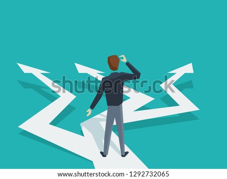 Man in low poly style at crossroads before important choice (correct decision choosing) - vector illustration for business concept or political voting