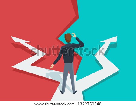 Man at crossroads in low polygonal style before important choice (correct decision choosing) - vector illustration for business concept or political voting