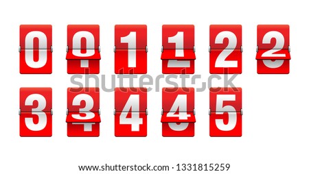 Flip countdown clock from 0 to 5 - red counter timer, time remaining count down scoreboard in half flipping variations with different digits 