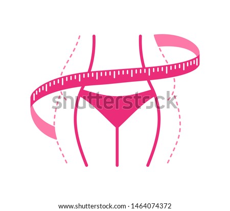 Losing weight icon or logo - fat woman  body in dashed line and slim figure in main color with tape measure entwined around - conceptual vector illustration