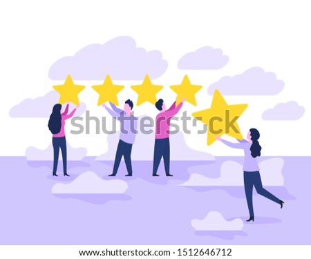 5 stars rating positive feedback satisfaction review concept - small people with ranking yellow stars on abstract purple background 