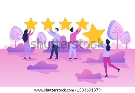 5 stars rating positive feedback satisfaction review concept - small people with five ranking yellow stars on abstract landscape background 