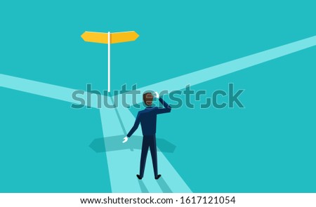 Correct decision chosing - confused man character standing on the crossroads and looking at signpost with two different directions - conceptual vector illustration