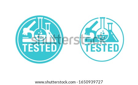 Lab tested stamp - laboratory equipment (microscope, flask, vial) inside circle - icon for medical testing confirmed products