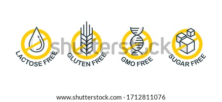 Lactose free sign, Sugar free, Gluten free, GMO free - set of vector attention tags - food packaging decoration element for healthy natural organic nutrition