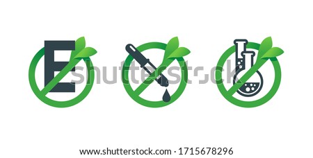 No preservatives, no additives, E number and dye free 3 in 1 stamp - organic food stickers set - green natural vector icons (labels) 商業照片 © 