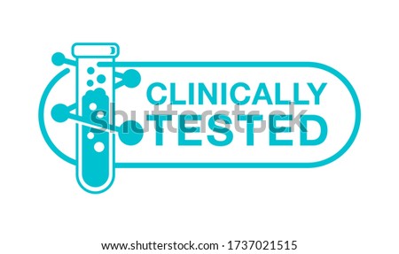 Clinically tested stamp - boiling laboratory vial (test tube) with molecular cell outside - isolated vector badge for medical proven products