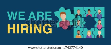 We are hiring (Join our team) concept. People avatars (profile image) - in puzzle form with empty puzzle element inside - motivation of formation of a working team - recruitment hiring banner Foto stock © 