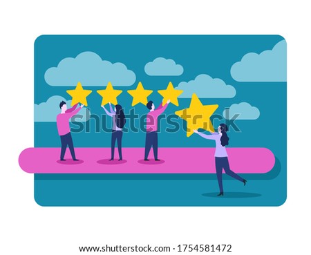 5 stars rating positive feedback satisfaction review concept - small people with ranking yellow stars on abstract purple background 