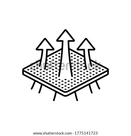 Breathable textile - arrows which symbolizing airflow passing through fabric material surface - isolated vector monochrome emblem