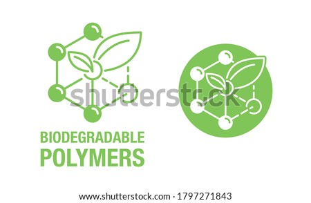 Biodegradable polymers icon - green emblem with plastic polymer molecular structure and plant leaf inside - eco-friendly plastic products marking