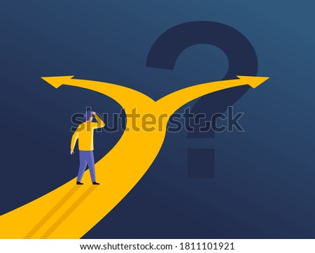 Confused man at crossroads before important choice (correct option choosing) - vector illustration for making an important decision or political voting