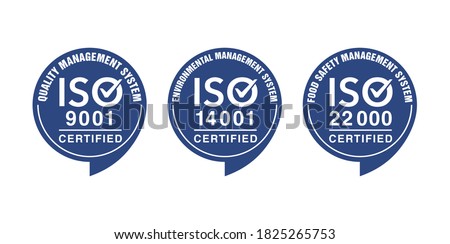 ISO 9001, 14001 and 22000 certified stamp set - quality management system international standard emblems - isolated vector sign