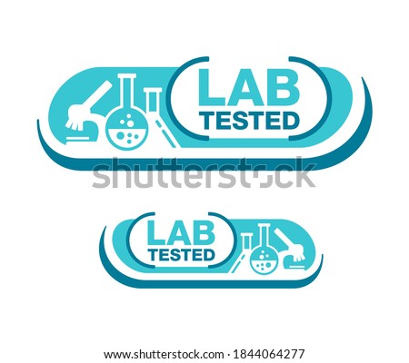 Lab tested certified message button - laboratory equipment (microscope, flask, vial) inside circle - icon for medical testing confirmed products