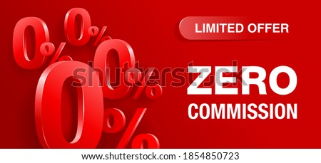Zero percent commission wide red  banner - 3D 0 and percent symbols on red and purple colorful abstract background - vector promo poster element