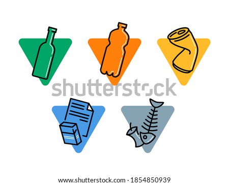 Waste sorting and garbadge  separation pictogram set - dumpster marking stickers - glass, plastic, metal, paper, organic waste - vector collection