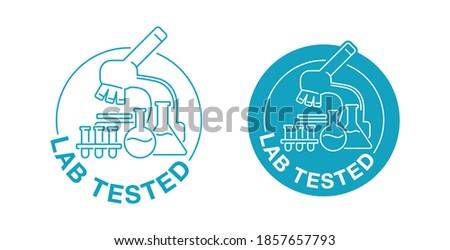 Lab tested stamp - laboratory equipment (microscope, flask, vial) in thin line and inside circle - icon for medical testing confirmed products