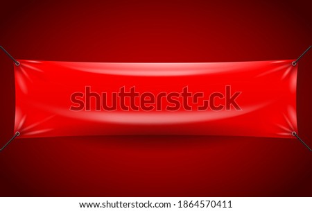 Red banner suspended by grommets with swaying textile cloth - realistic blank copy space template for text placement