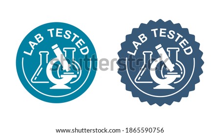 Lab tested certified stamp - laboratory equipment (microscope, flask, vial) inside circle - icon for medical testing confirmed products
