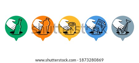 Waste sorting and separation icons set - dumpster marking stickers with hand and garbadge - glass, plastic, metal, paper, organic waste - vector collection Stock foto © 