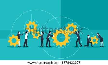 People team, businessmen or managers, with gears - business management and working process conceptual illustration - vector concept