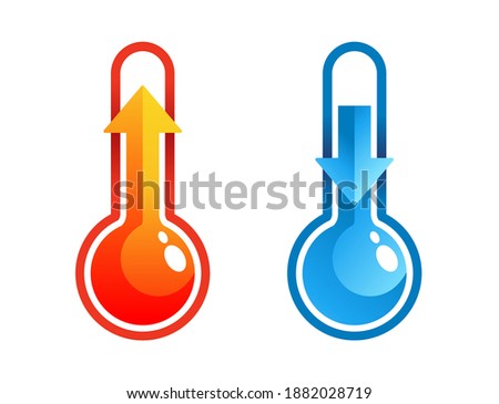 Hot and cold weather thermometers with indicator of rizing and lowering temperature as arrow up and down - climate icons