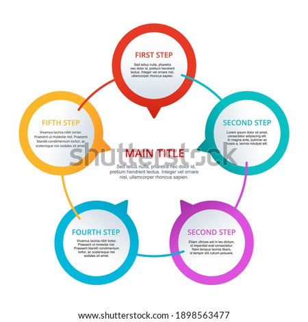 Infographic template - 5 steps or points combined under a common heading. Colorful rounded fragments and sample text inside 