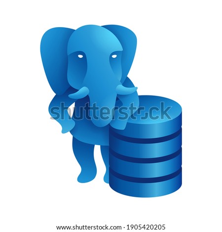 Elephant as a symbol of free postgre sql database with server of data array, isolated web site development icon on white background. Vector illustration