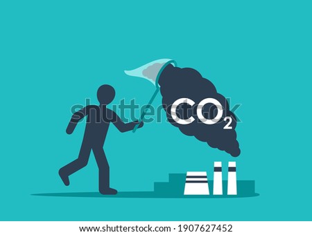Carbon Capture Technology - net CO2 footprint development strategy. Vector illustration with metaphor - catching butterflies