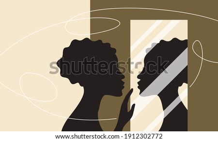 Woman standing and looking at her reflection in a mirror. Self confidence and self awareness concept. Vector illustration