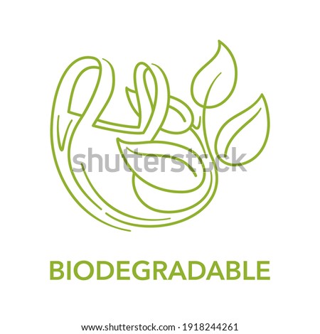 Biodegradable logo - plastic polymer packet turns to plant branch in thin line - eco friendly compostable material production - environment protection emblem