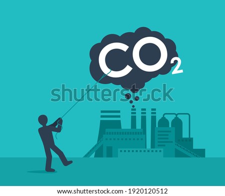 Carbon Capture Technology - net CO2 footprint development strategy. Vector illustration with metaphor - lasso smoke cloud catching  Foto d'archivio © 