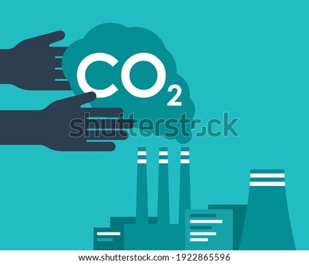 Carbon Capture Technology research - net CO2 footprint neutralize development strategy. Vector illustration with metaphor - hands catching harmful cloud