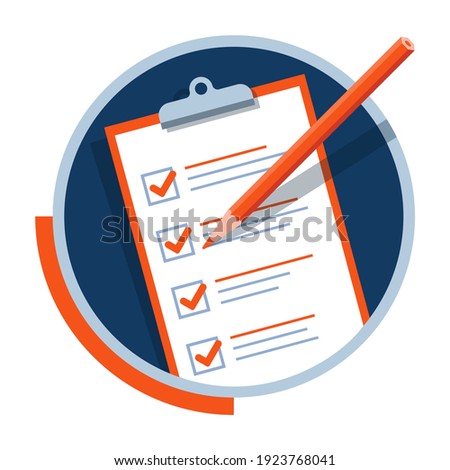 Paper checklist and pencil icon. Successful formation of business tasks and goals. Flat vector pictogram