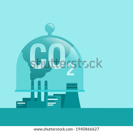 Carbon Capture Technology research - net CO2 footprint neutralize development strategy. Vector illustration with metaphor - domed glass dish catching harmful cloud Foto d'archivio © 