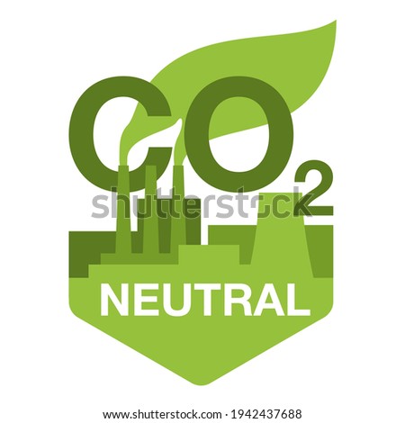 CO2 neutral. Green badge with factory silhouette, net zero carbon footprint - carbon emissions free no air atmosphere pollution industrial production eco-friendly isolated sign in creative decoration