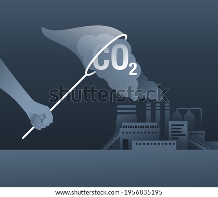 Carbon Dioxide Capture Technology - net CO2 footprint development strategy. Vector illustration with metaphor - catching butterflies Foto d'archivio © 