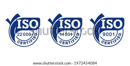 ISO 9001, 14001, 22000 certified flat blue badges set with big check marks - quality management system international standard emblems set - isolated vector signs