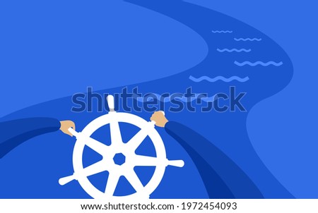 Open-source system for automating computer application management. Developer floating on the river with steering wheel. Vector illustration