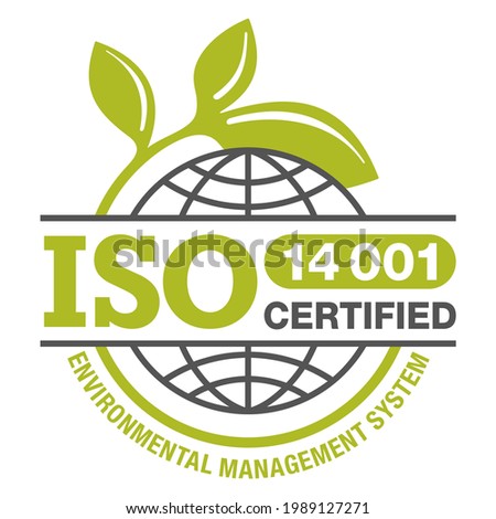 ISO 14001 certified emblem with globe and branch - environmental management system international standard approved stamp - green isolated vector icon